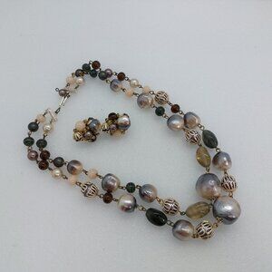 Vintage Double Strand Bead Necklace & Clip On Earrings